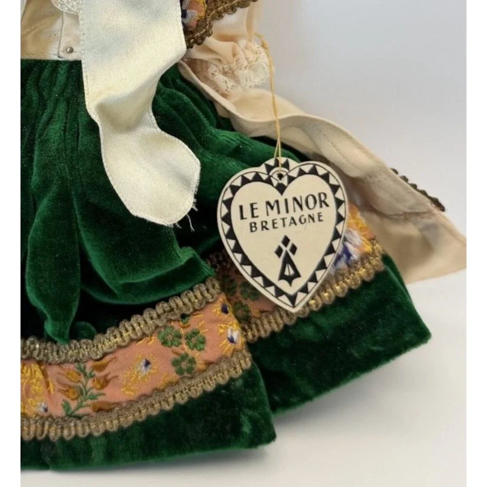 Vintage Bebe Breton French Celluloid Doll Green Velvet Dress Beaded Bonnet Lace